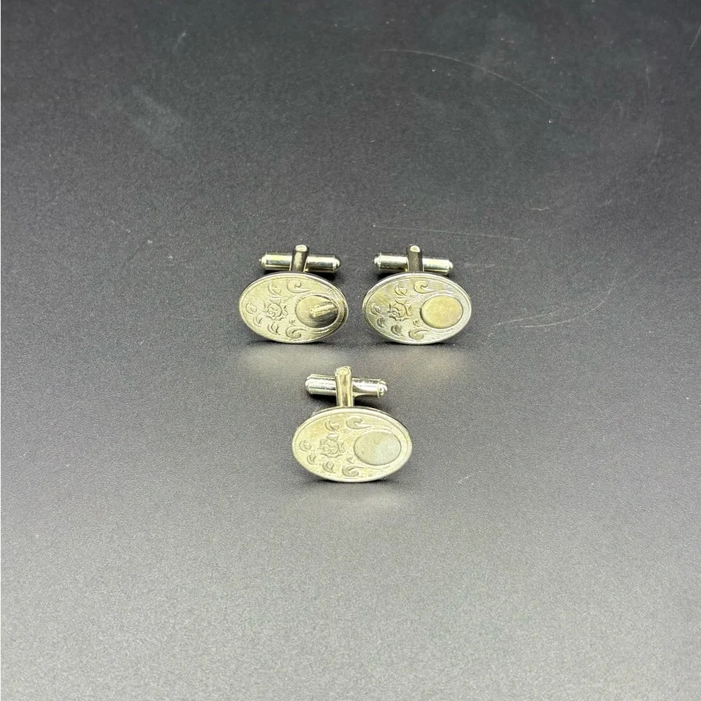 Vintage Rose Floral Etched Cufflinks Set of 3 Silver Tone Oval Engraved Prom